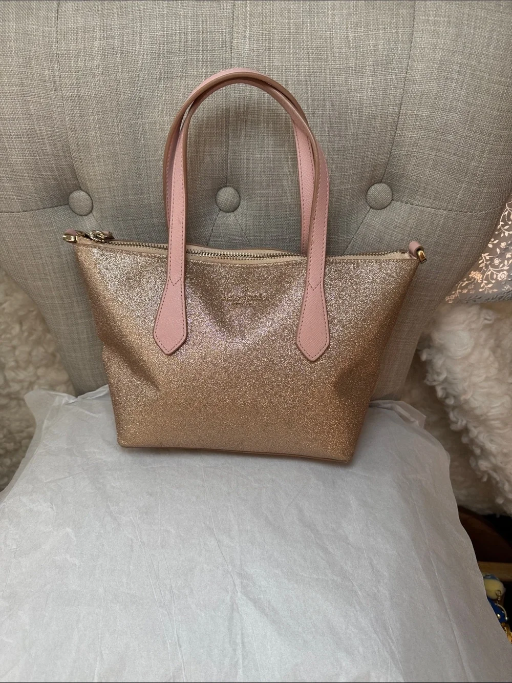 kate spade Gold Glitter Tote with Pink Handles